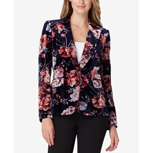 Tahari Arthur S. Levine Blazer Navy Floral Velvet Dark Academia Preppy - Picture 2 of 7